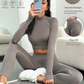 A woman sitting wearing a long-sleeved, seamless, khaki-colored butt-lift underwear suit designed for fitness and workout, with an additional view showing the hip lift feature.